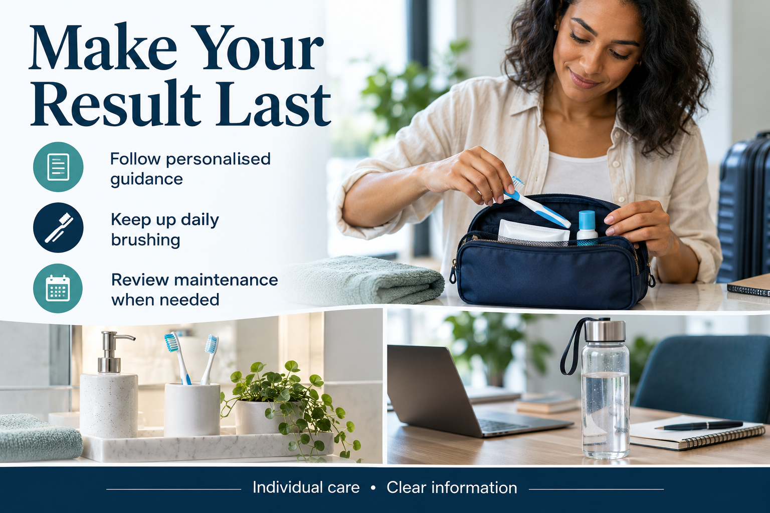 Make Your Result Last: Follow personalised guidance; Keep up daily brushing; Review maintenance when needed.