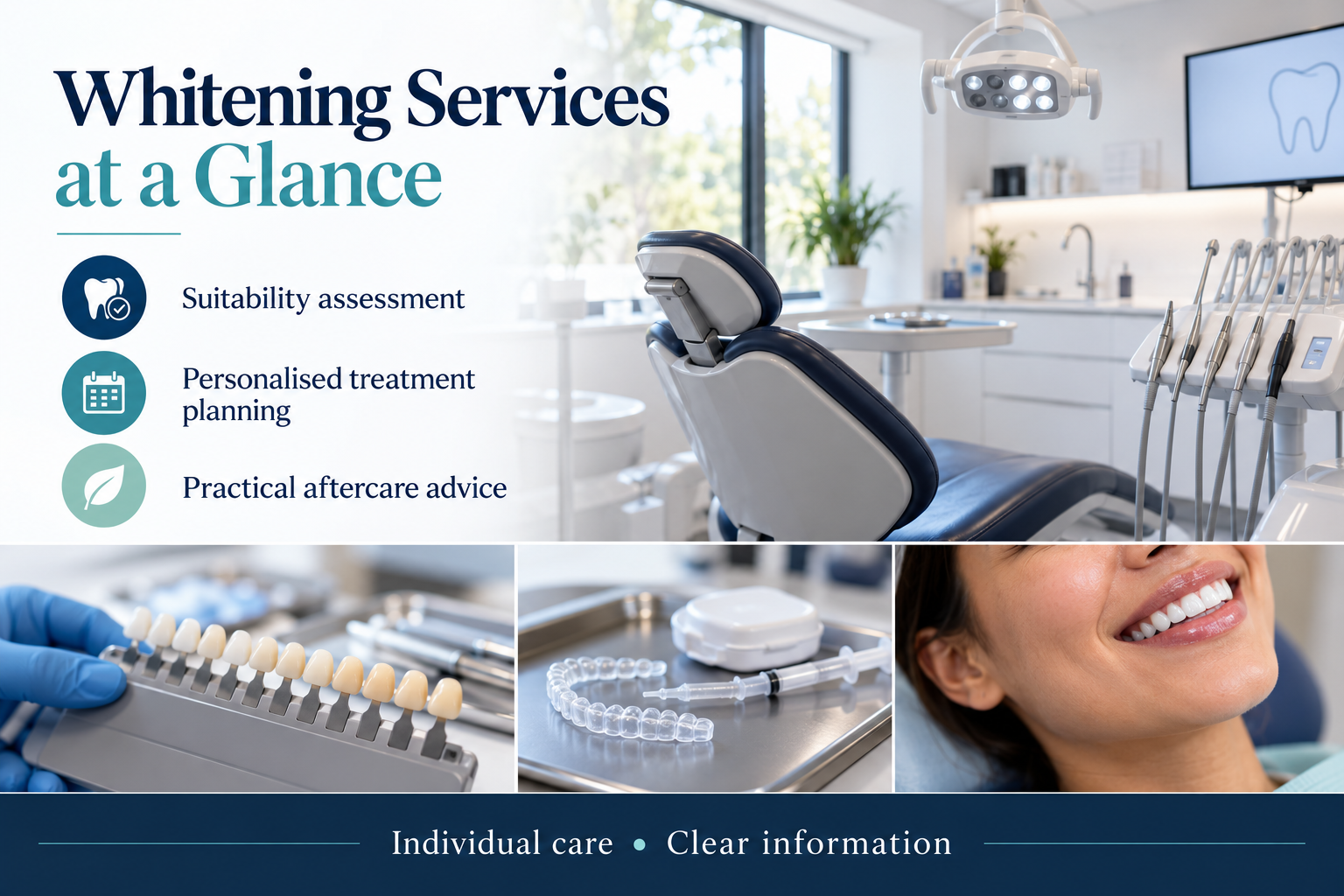 Whitening Services at a Glance: Suitability assessment; Personalised treatment planning; Practical aftercare advice.