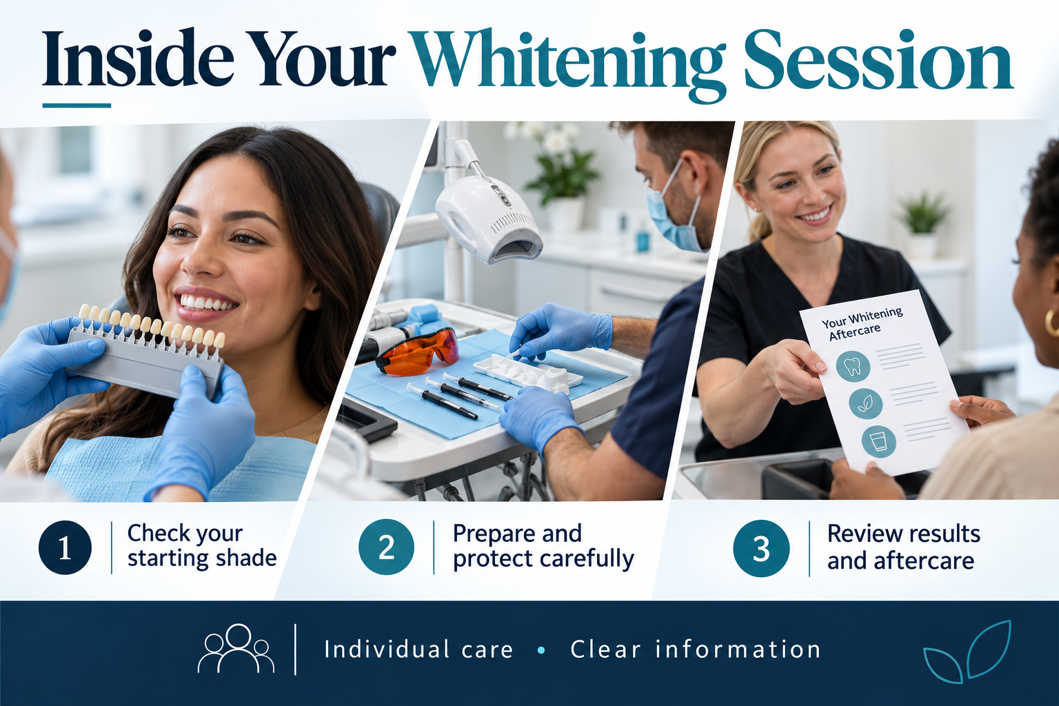 Inside Your Whitening Session: Check your starting shade; Prepare and protect carefully; Review results and aftercare.