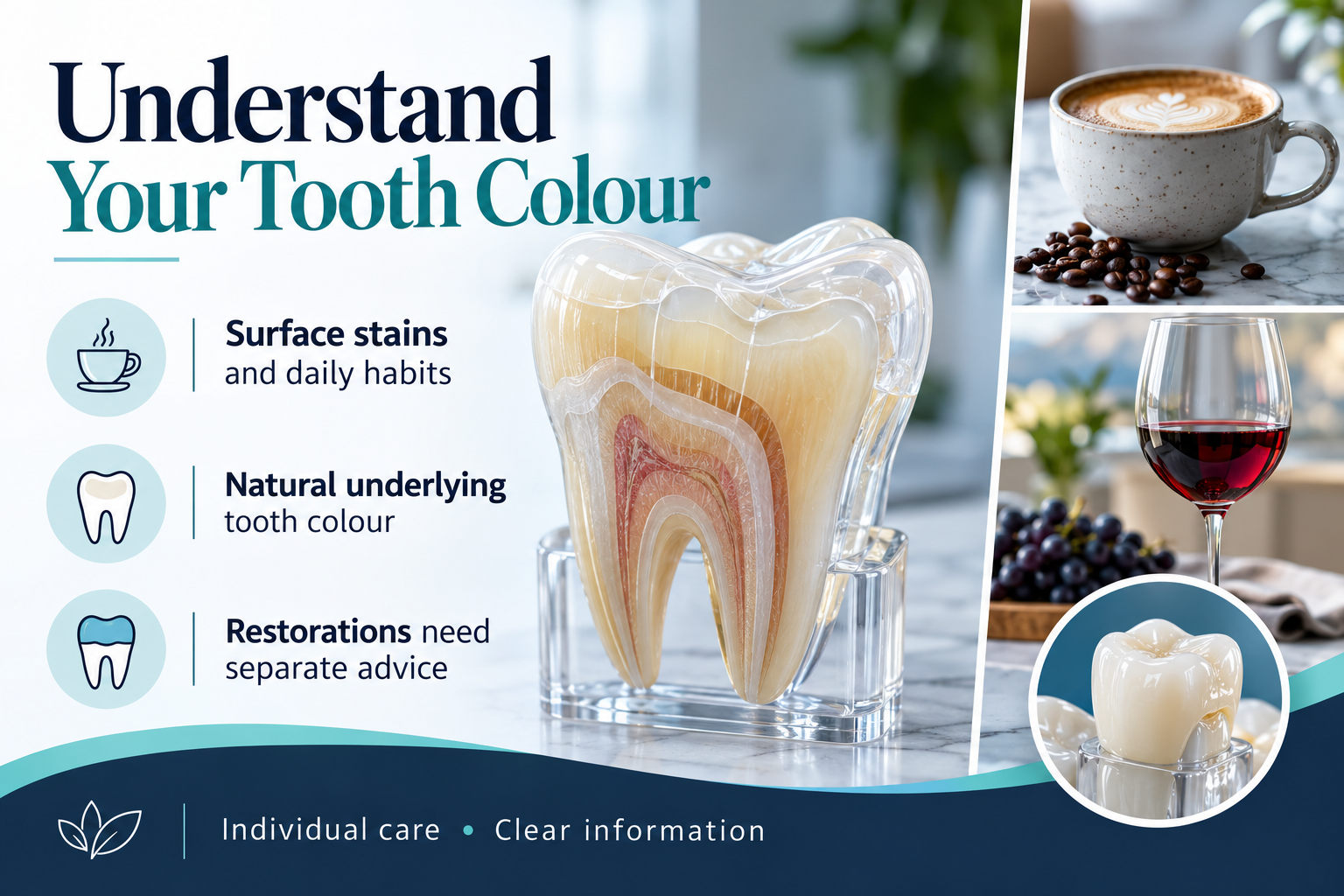 Understand Your Tooth Colour: Surface stains and daily habits; Natural underlying tooth colour; Restorations need separate advice.