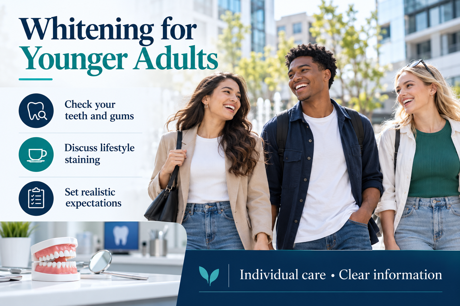 Whitening for Younger Adults: Check your teeth and gums; Discuss lifestyle staining; Set realistic expectations.